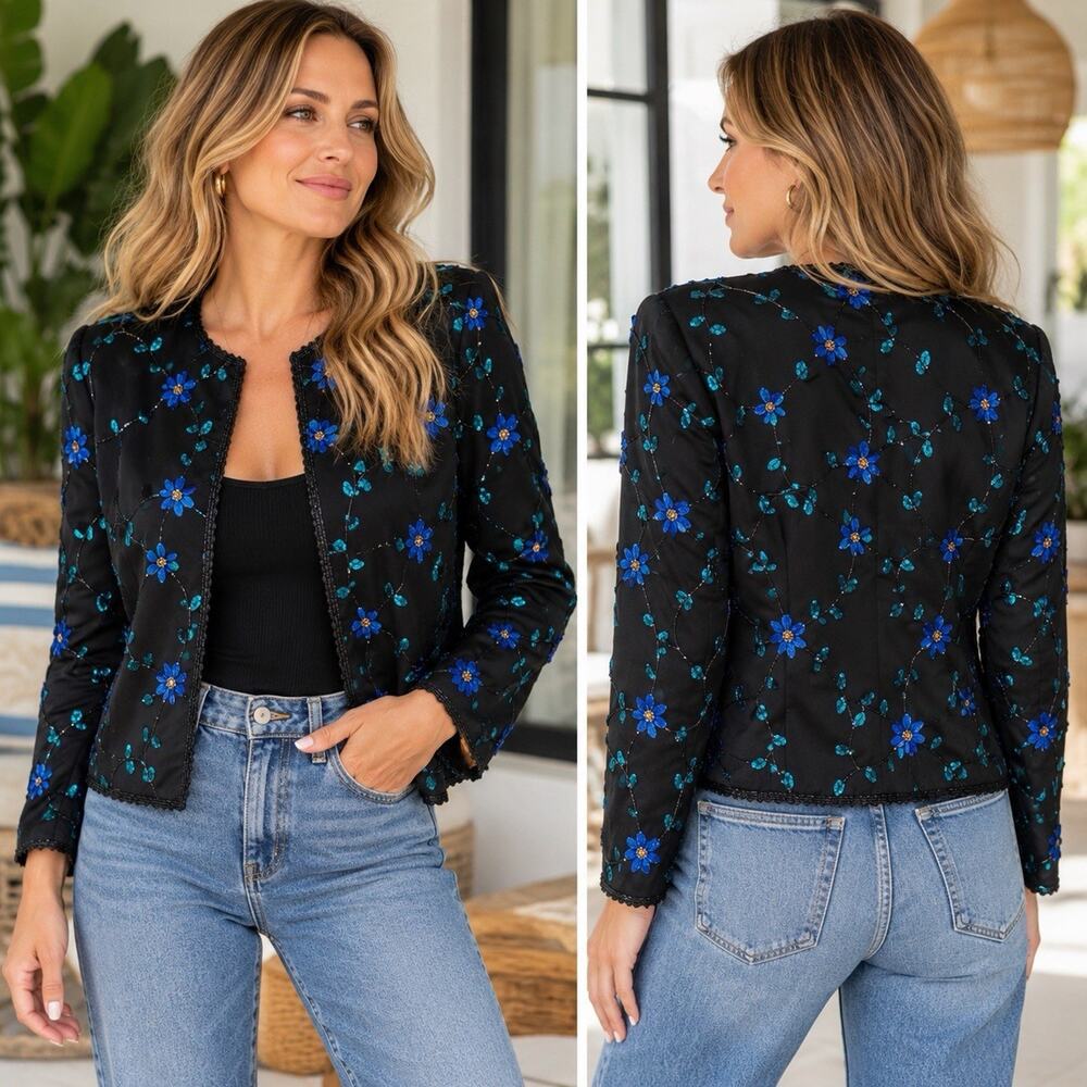 Adrianna Papell Silk 100% Silk evening Jacket Jewel Floral Brocade blue black L